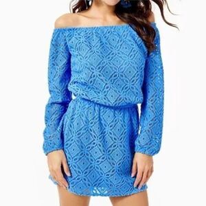 Lilly Pulitzer Lana Off Shoulder Romper Skort Blue Lace Women’s XXS
